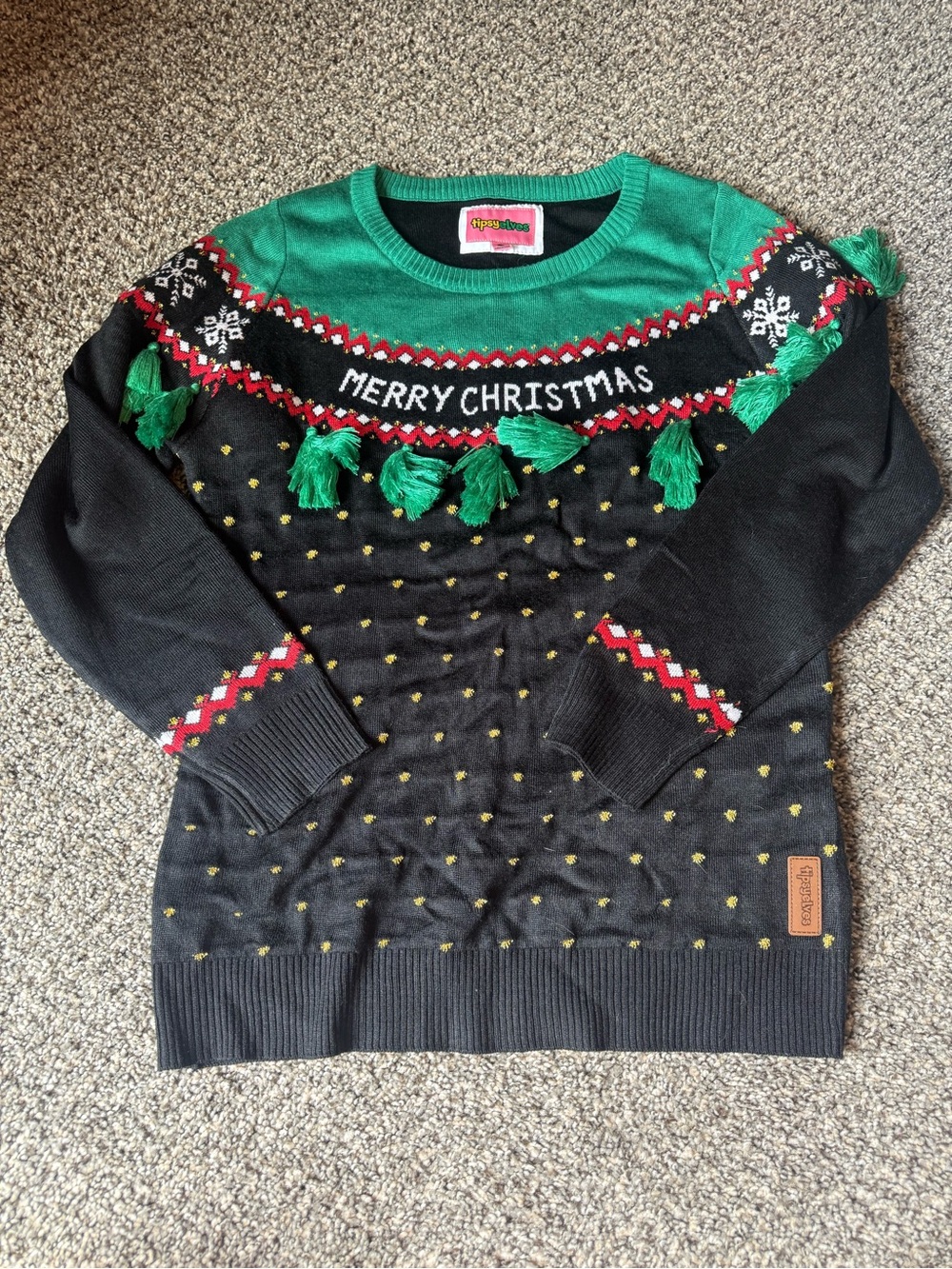 Tipsy Elves Black and Green 'Merry Christmas' Tassel Crewneck Sweater